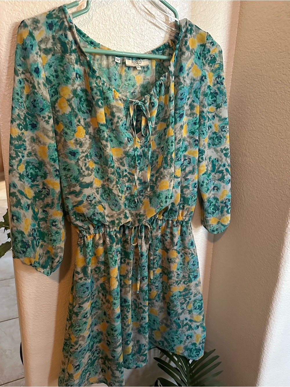 GUESS Green & Yellow Floral Tie-Front Mini Dress
